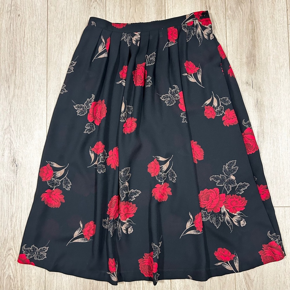 Alfred Dunner Vintage Rose Floral Midi Skirt Black Red Pleated Pockets Size 12